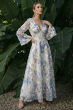 Light Blue A Line Maxi Floral V-Neck Wedding Guest Dress