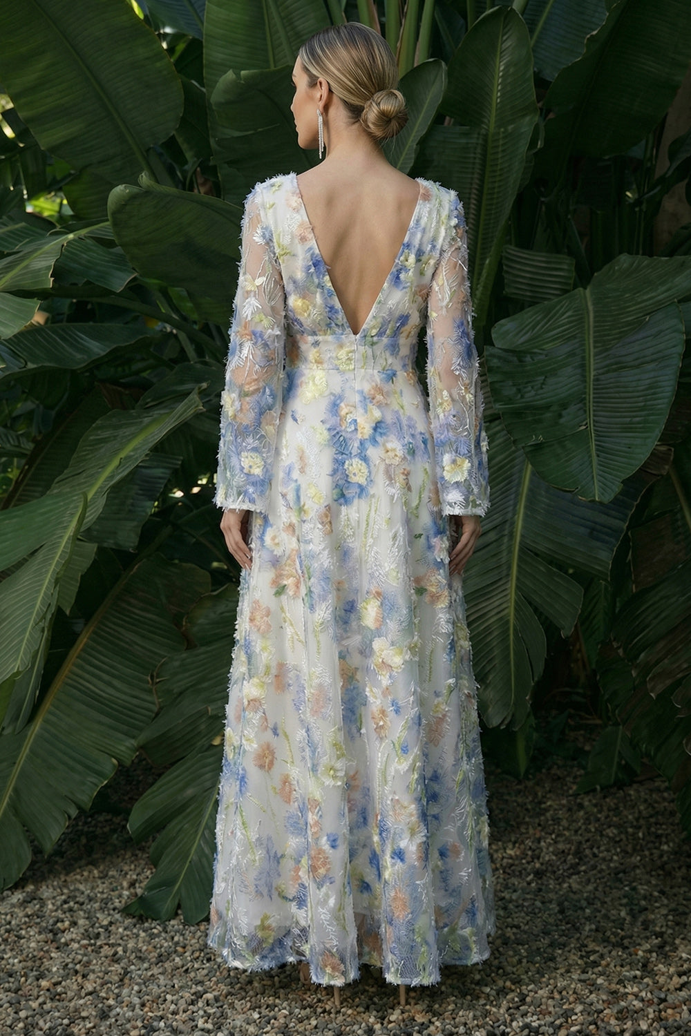 Light Blue A Line Maxi Floral V-Neck Wedding Guest Dress