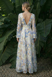 Light Blue A Line Maxi Floral V-Neck Wedding Guest Dress