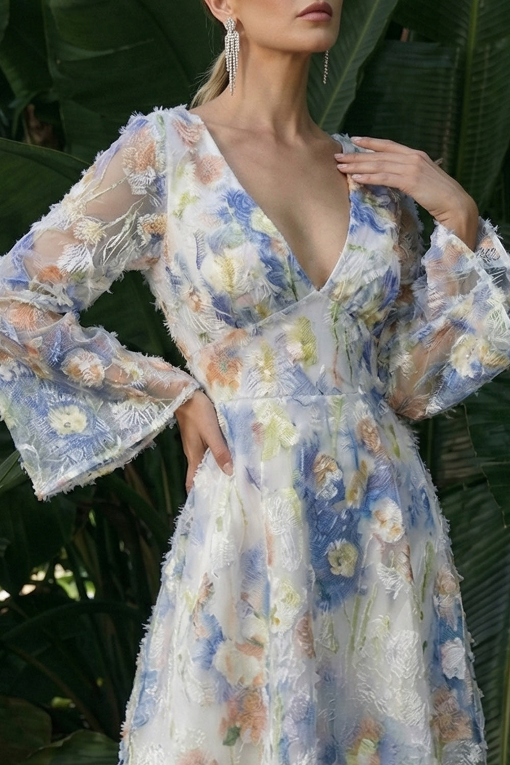 Light Blue A Line Maxi Floral V-Neck Wedding Guest Dress