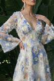 Light Blue A Line Maxi Floral V-Neck Wedding Guest Dress
