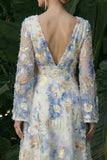 Light Blue A Line Maxi Floral V-Neck Wedding Guest Dress