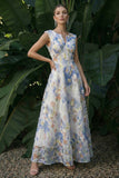 Light Blue Maxi Floral A Line Wedding Guest Dress
