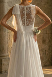 White A Line Sweep Train Beach Wedding Dress with Lace