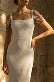 Sparkly White Beaded Sheath Maxi Sequin Wedding Dress