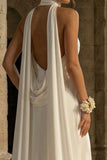 White Mermaid High Neck Ruched Maxi Beach Wedding Dress with Slit