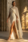 White Maxi Sheath Beach Wedding Dress with Cape