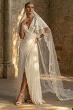 Maxi White A Line Pleated Beach Wedding Dress with Slit