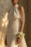 Mermaid Beaded Ruched White Maxi Boho Wedding Dress