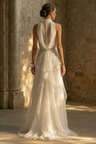 Maxi High Neck A Line White Beach Wedding Dress with Ruffles