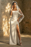Sheath Maxi White Beaded Beach Wedding Dress with Slit