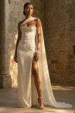 Maxi Sheath One Shoulder White Beach Wedding Dress with Side Cape