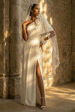 Floral Maxi Sheath White Beach Wedding Dress with Slit