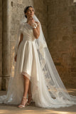 A Line Ruched Asymmetrical White Beach Wedding Dress with Ruffles