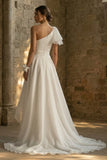 A Line Ruched Asymmetrical White Beach Wedding Dress with Ruffles
