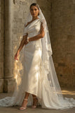 White High Low One Shoulder Beach Wedding Dress with Cape