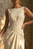 White Ruched Maxi Sheath Beach Wedding Dress with Slit