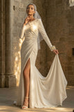 Maxi White Bateau Neck Backless Mermaid Beach Wedding Dress with Slit