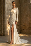 Maxi White Bateau Neck Backless Mermaid Beach Wedding Dress with Slit