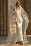 White Ruched Sweep Train Mermaid One Shoulder Boho Wedding Dress with Ruffles