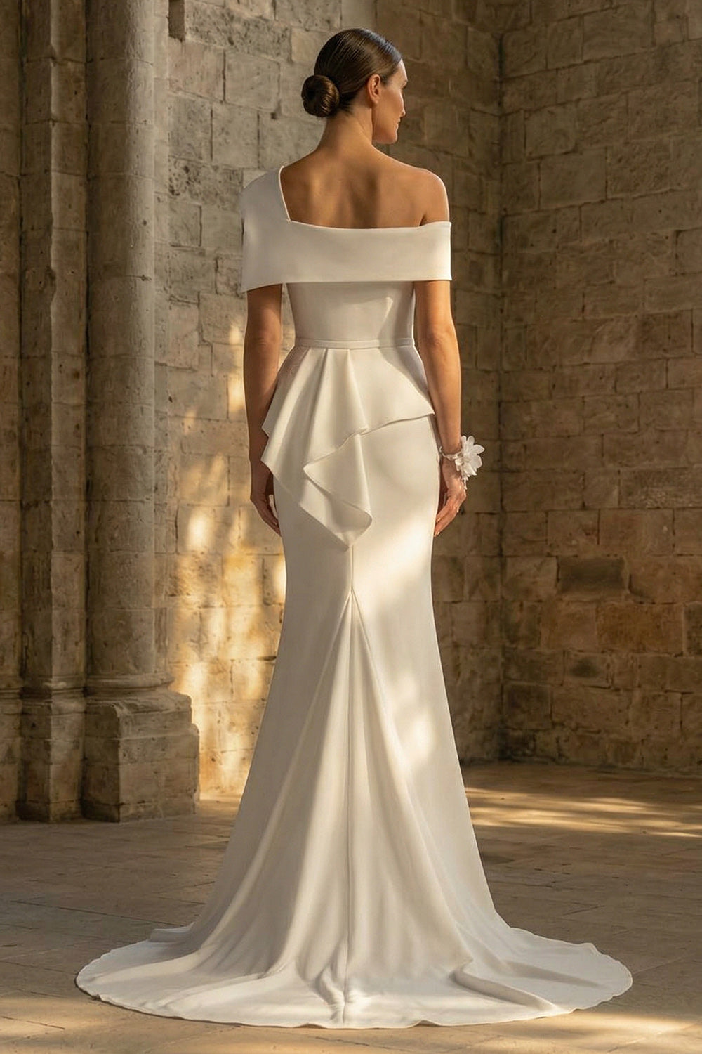 White Ruched Sweep Train Mermaid One Shoulder Boho Wedding Dress with Ruffles