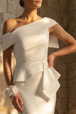 White Ruched Sweep Train Mermaid One Shoulder Boho Wedding Dress with Ruffles