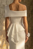 White Ruched Sweep Train Mermaid One Shoulder Boho Wedding Dress with Ruffles