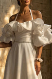 White Ruffled Sweep Train Halter Backless Boho Wedding Dress
