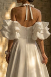 White Ruffled Sweep Train Halter Backless Boho Wedding Dress