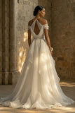 Ruched Halter A Line White Sweep Train Boho Wedding Dress with Ruffles