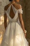 Ruched Halter A Line White Sweep Train Boho Wedding Dress with Ruffles