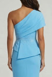 Mermaid Long Sky Blue Beaded Mother of the Bride Dress with Slit