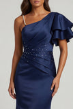 Long Navy Ruched Mermaid Beaded Mother of the Bride Dress with Ruffles