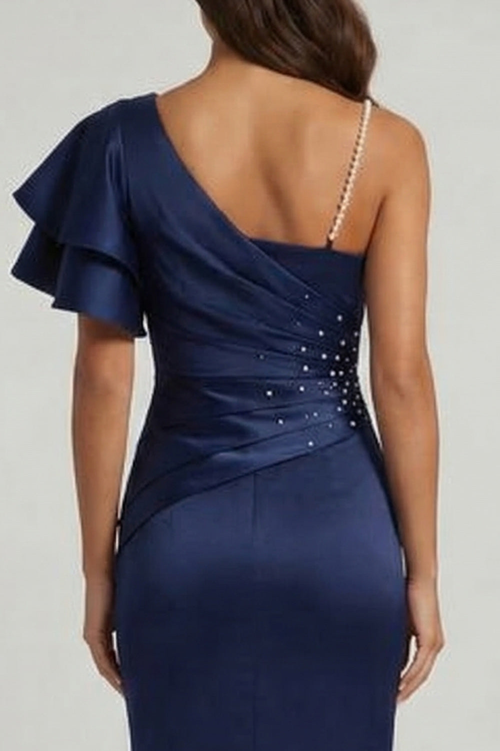 Long Navy Ruched Mermaid Beaded Mother of the Bride Dress with Ruffles