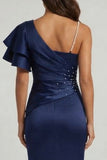 Long Navy Ruched Mermaid Beaded Mother of the Bride Dress with Ruffles