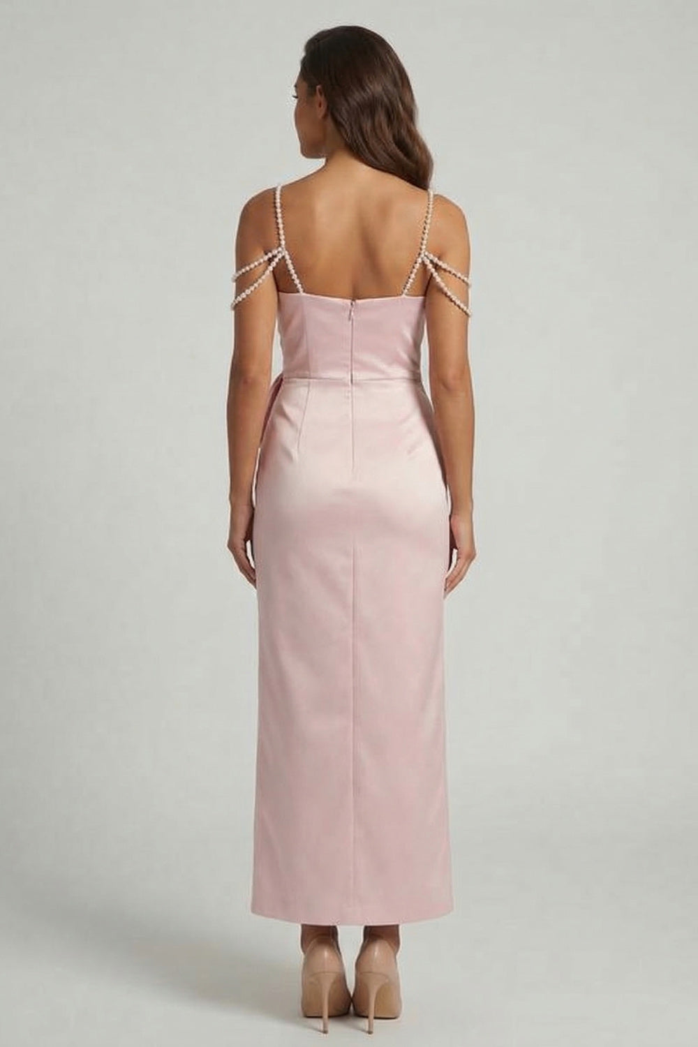 Blush Sheath Beaded Long Mother of the Bride Dress with Bow