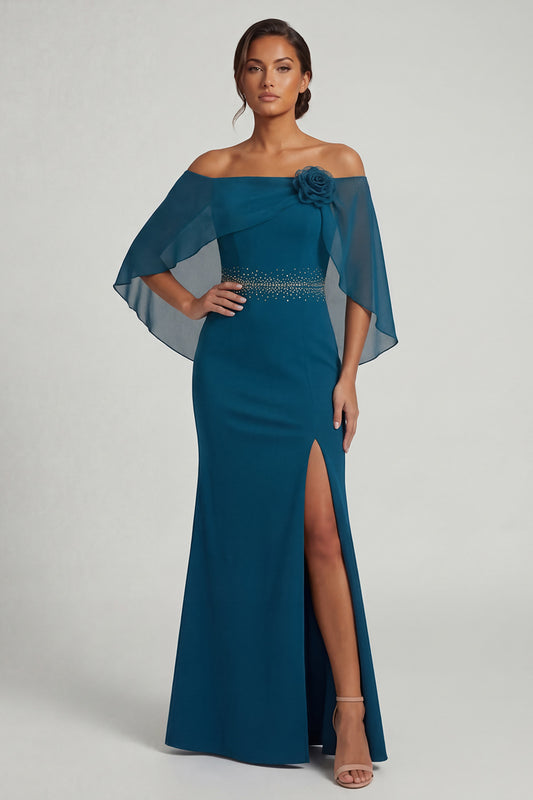 Peacock Blue Mermaid Long Beaded Mother of the Bride Dress with 3D Flower