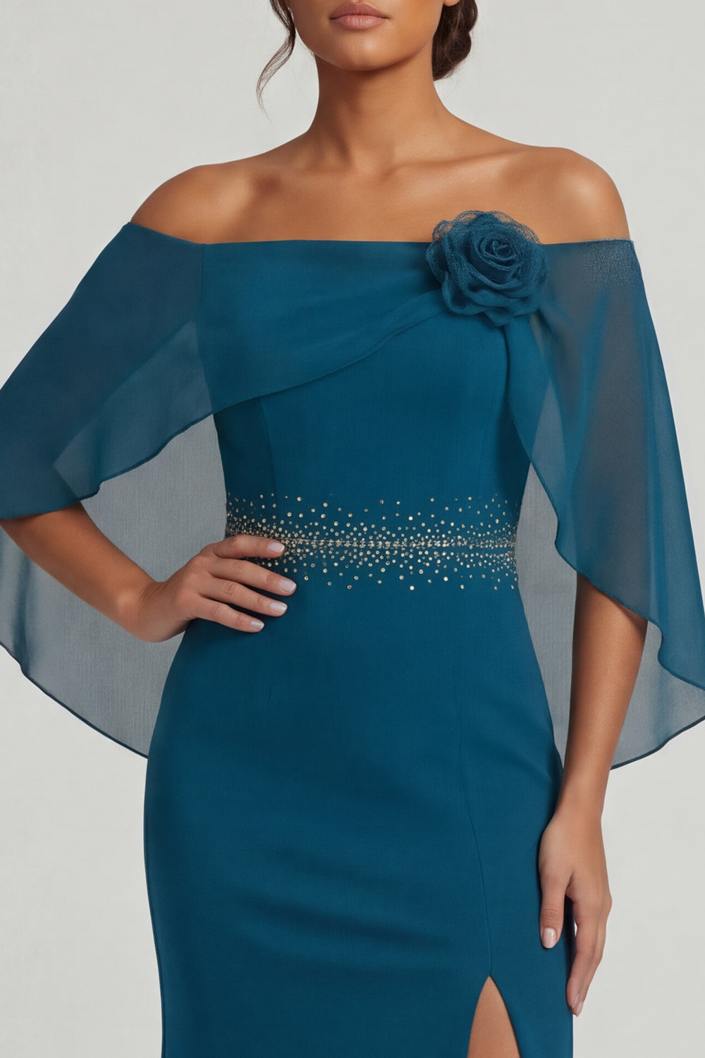 Peacock Blue Mermaid Long Beaded Mother of the Bride Dress with 3D Flower