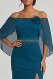 Peacock Blue Mermaid Long Beaded Mother of the Bride Dress with 3D Flower