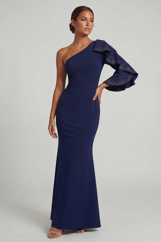 Navy Mermaid Long Beaded Mother of the Bride Dress with Ruffles