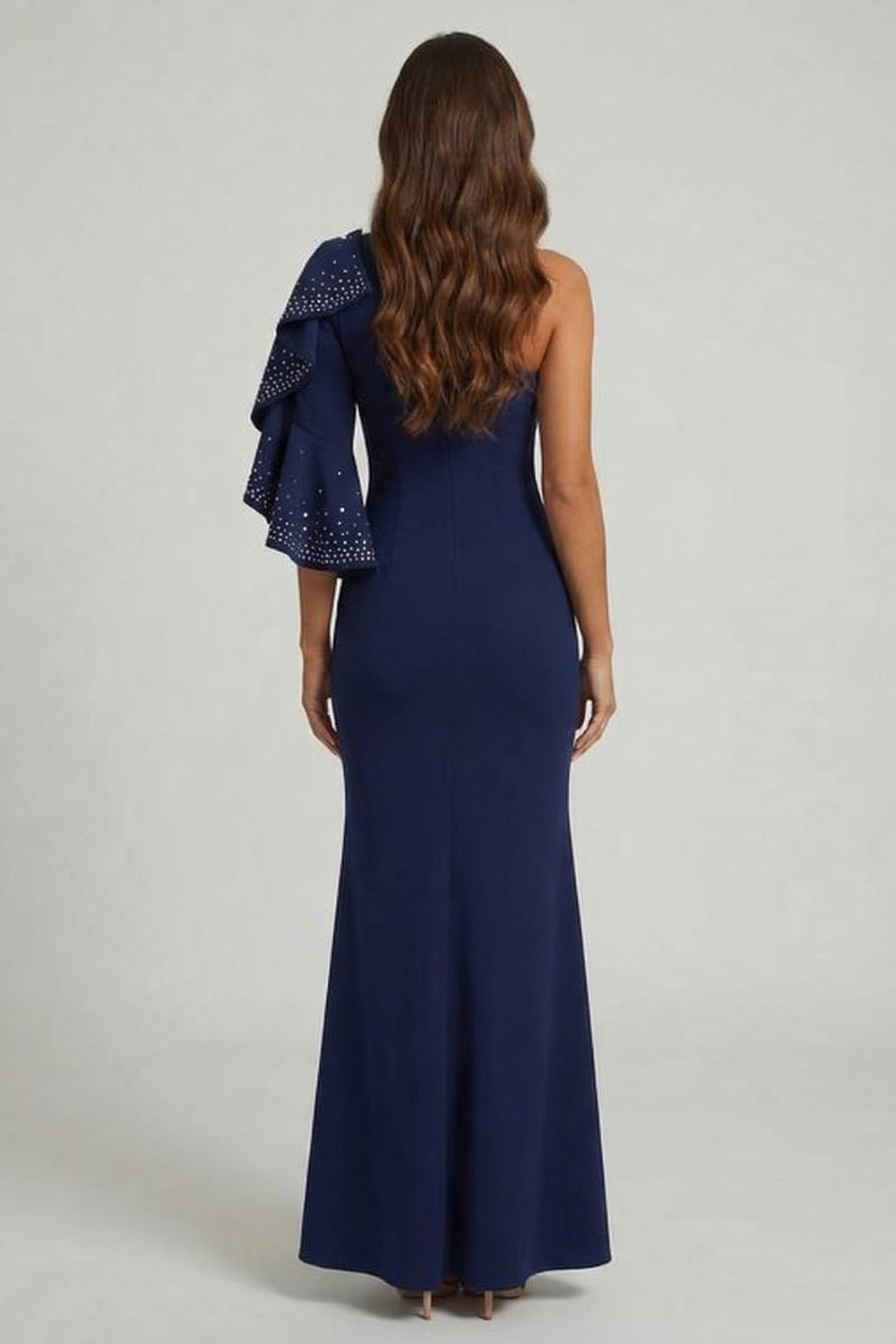 Navy Mermaid Long Beaded Mother of the Bride Dress with Ruffles