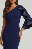 Navy Mermaid Long Beaded Mother of the Bride Dress with Ruffles