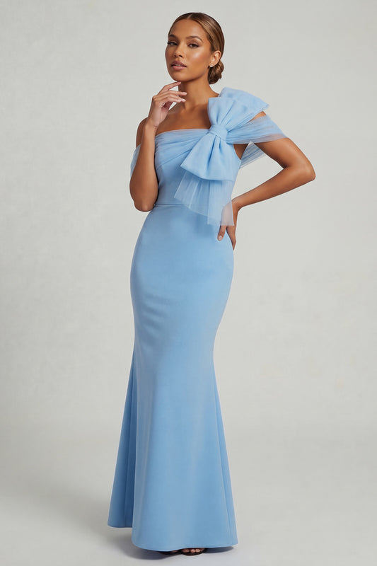 Long Sky Blue Mermaid Mother of the Bride Dress with Bow