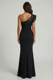 Ruched Long Black One Shoulder Mermaid Mother of the Bride Dress with Lace