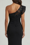 Ruched Long Black One Shoulder Mermaid Mother of the Bride Dress with Lace