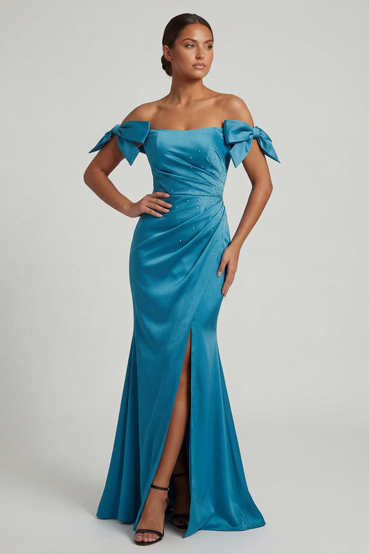 Ruched Peacock Green Mermaid Long Mother of the Bride Dress with Bow