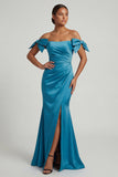 Ruched Peacock Green Mermaid Long Mother of the Bride Dress with Bow