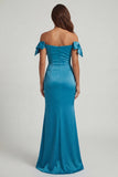 Ruched Peacock Green Mermaid Long Mother of the Bride Dress with Bow
