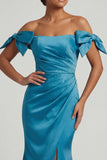 Ruched Peacock Green Mermaid Long Mother of the Bride Dress with Bow