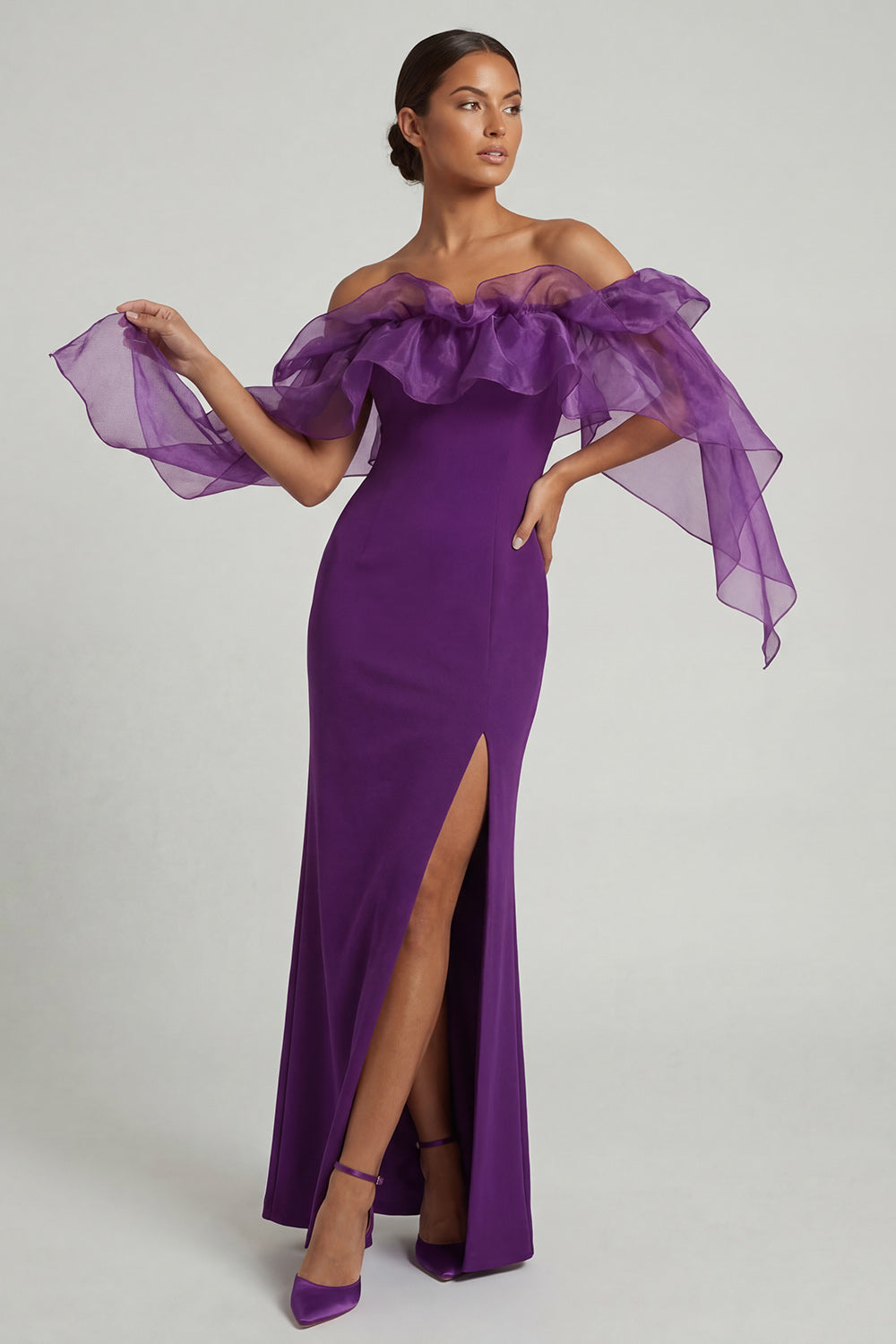Sheath Purple Long Mother of the Bride Dress with Ruffles
